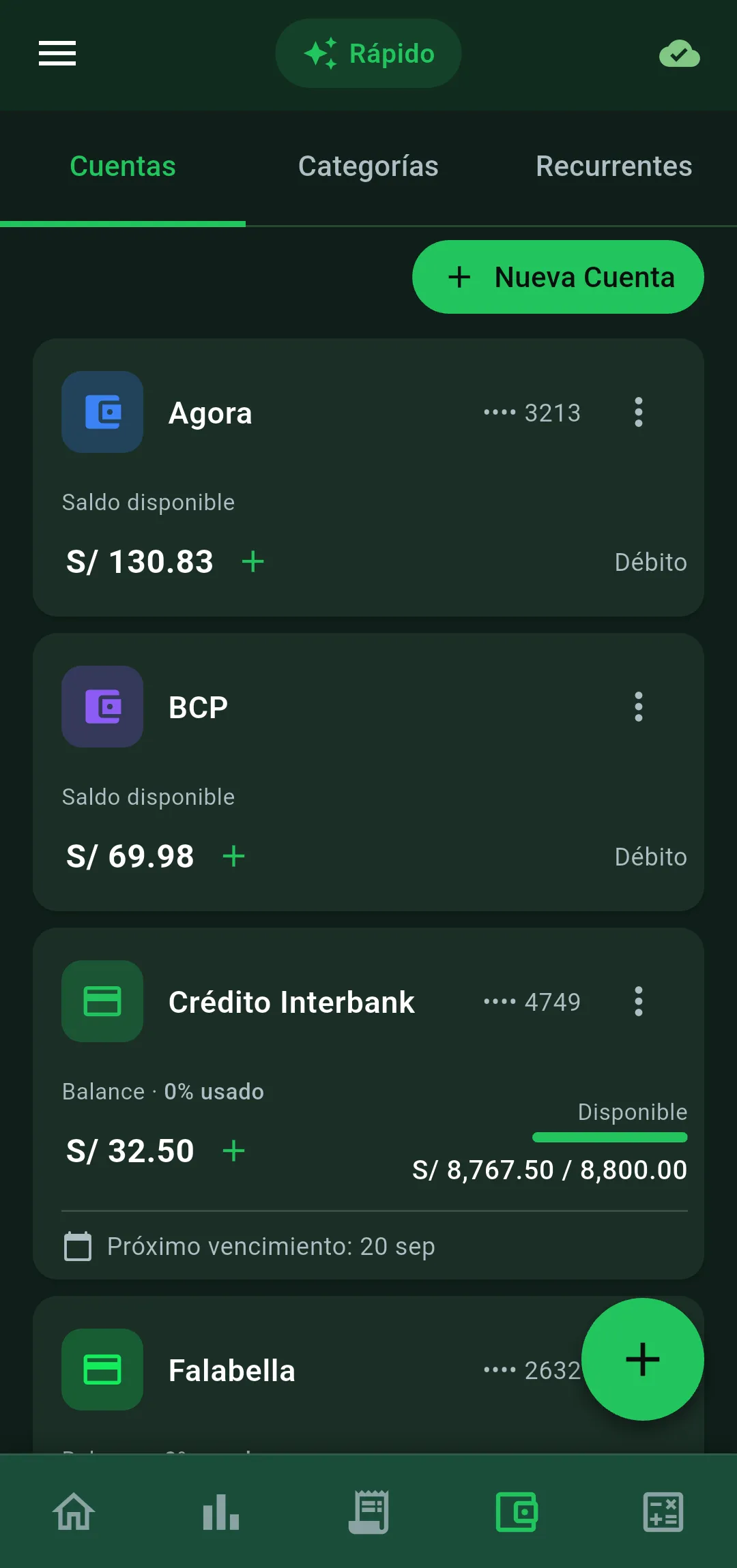 Cartera de cuentas y tarjetas en Vuelto