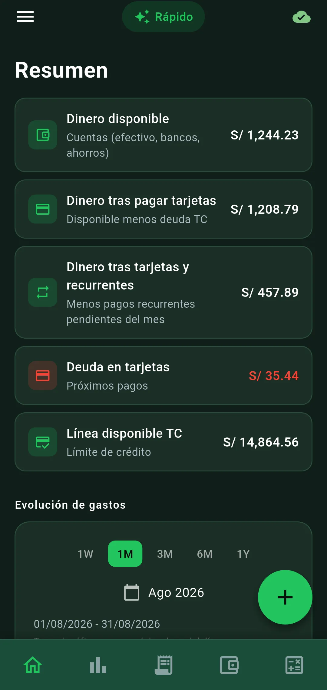 Dashboard de Vuelto con dinero disponible, tarjetas y evolución de gastos