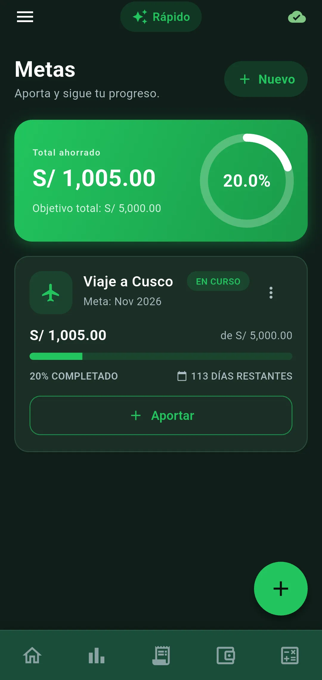 Pantalla de metas de ahorro en Vuelto