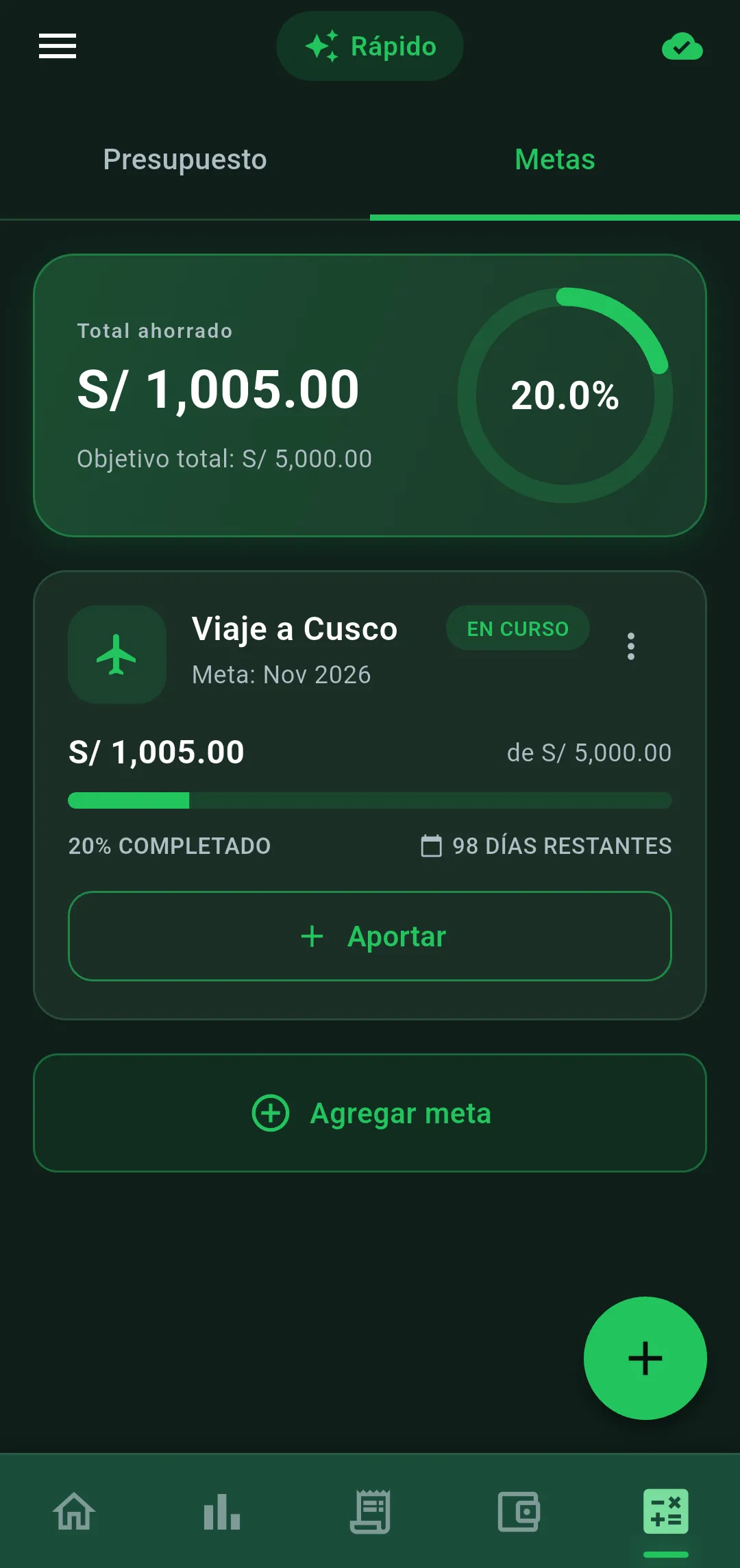 Pantalla de metas de ahorro en Vuelto