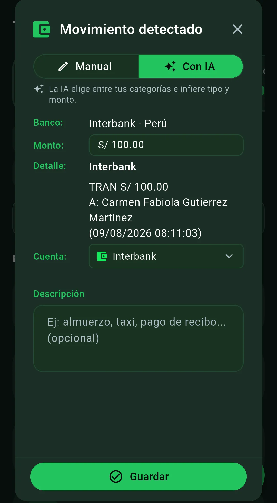 Modal Movimiento detectado en Vuelto con datos de la notificación y opción Con IA