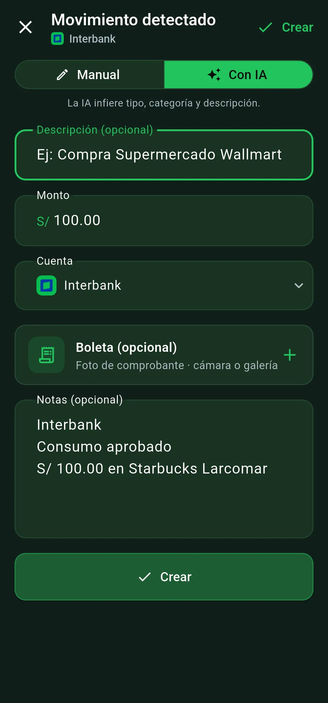 Modal Movimiento detectado en Vuelto con datos de la notificación y opción Con IA