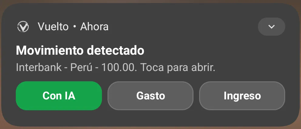 Notificación de Vuelto: movimiento detectado con acciones Con IA, Gasto e Ingreso