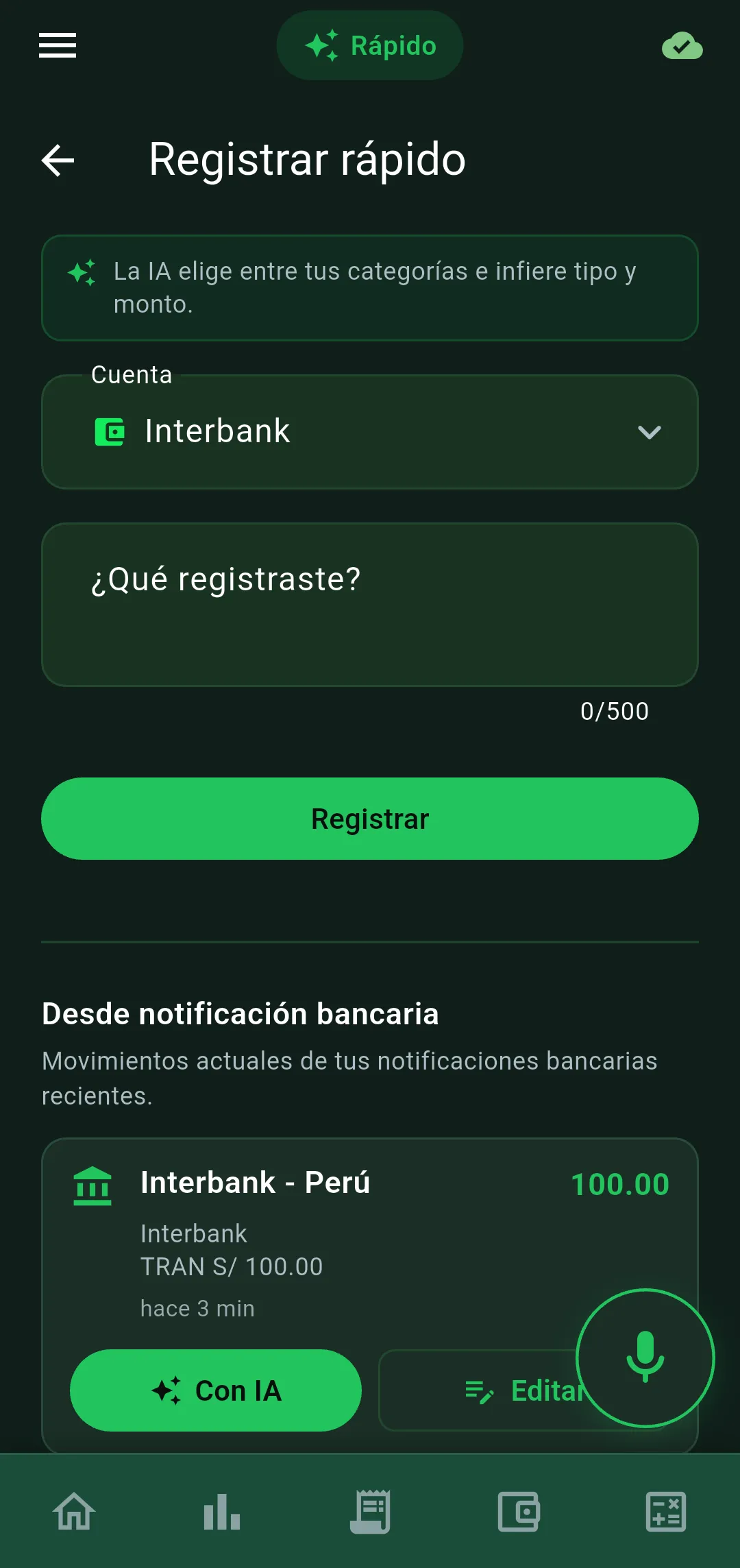 Pantalla Registrar rápido de Vuelto: escribe el gasto y la IA lo categoriza