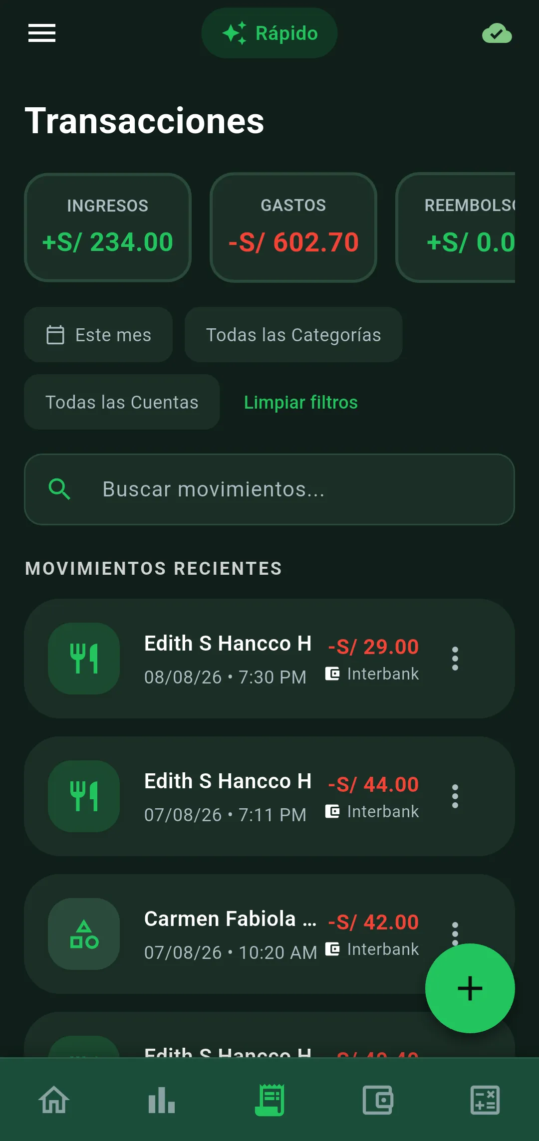 Lista de movimientos recientes en Vuelto con ingresos, gastos y filtros