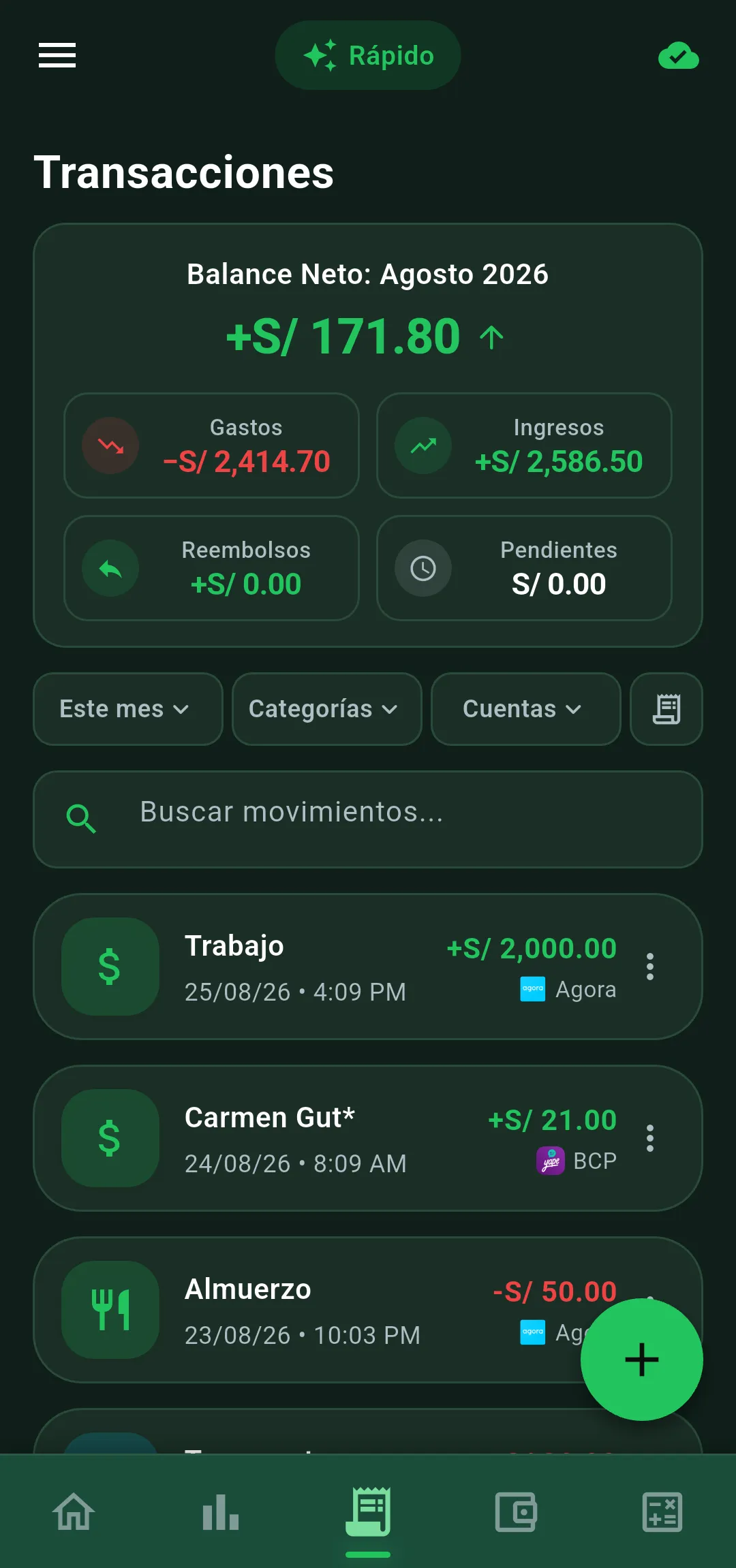 Lista de movimientos recientes en Vuelto con ingresos, gastos y filtros